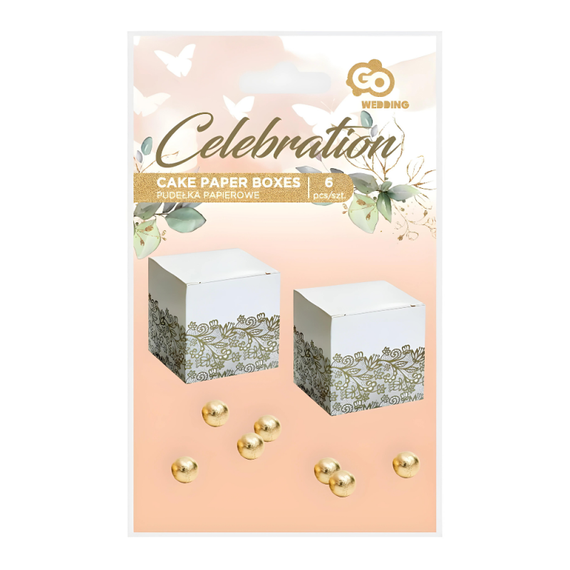 Pudełka papierowe białe złote ornamenty na prezenty desery 5cm 6szt - 4