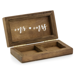 Pudełko drewniane ciemne na obrączki biały napis Mr Mrs boho 10cm