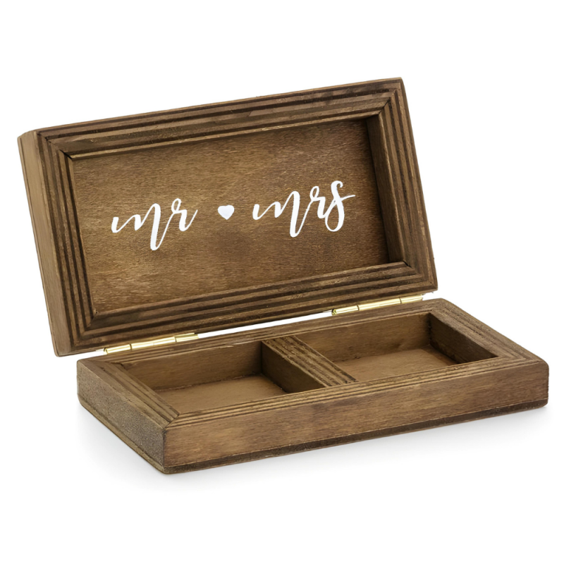 Pudełko drewniane ciemne na obrączki biały napis Mr Mrs boho 10cm - 1
