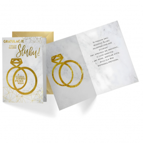 Kartka z życzeniami na Ślub Wesele Gratulacje biały marmur złote obrączki - 1