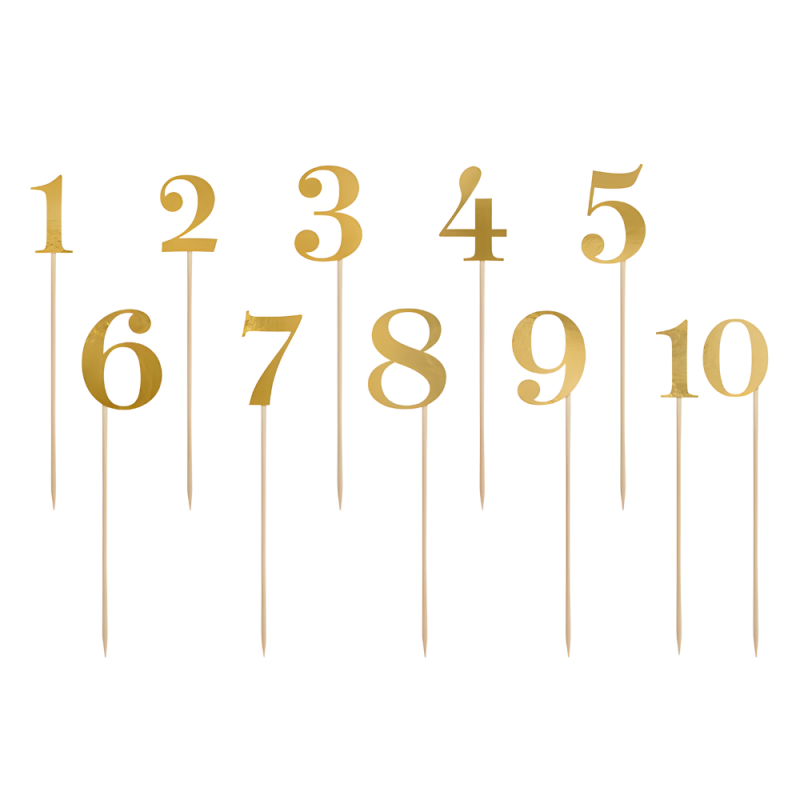 Toppery na drewnianym piku cyfry numery złote do deserów 10szt - 2