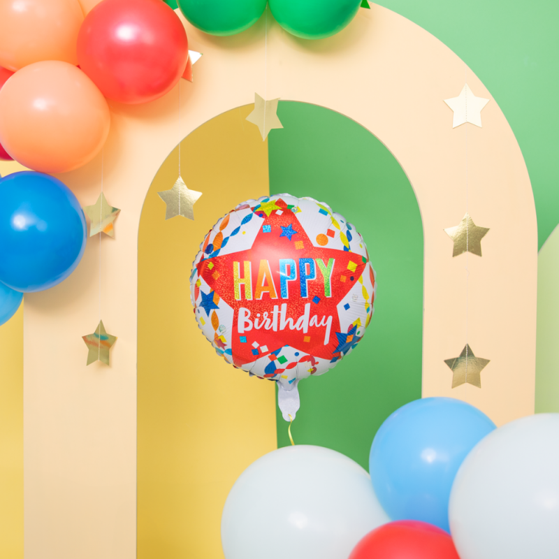 Balon foliowy okrągły urodzinowy gwiazda Happy Brithday kolorowy 45cm - 3