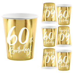 Kubki Kubeczki papierowe 60th Birthday na 60 urodziny złote 220ml 6szt - 1