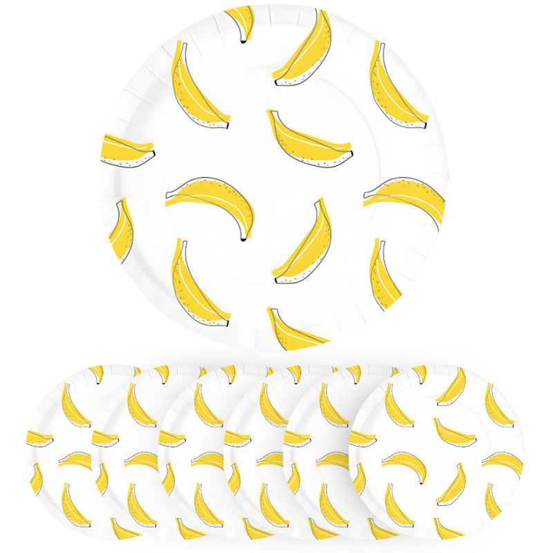 Talerzyki papierowe Banana Party białe w żółte Banany Owoc 18cm 6szt - 1