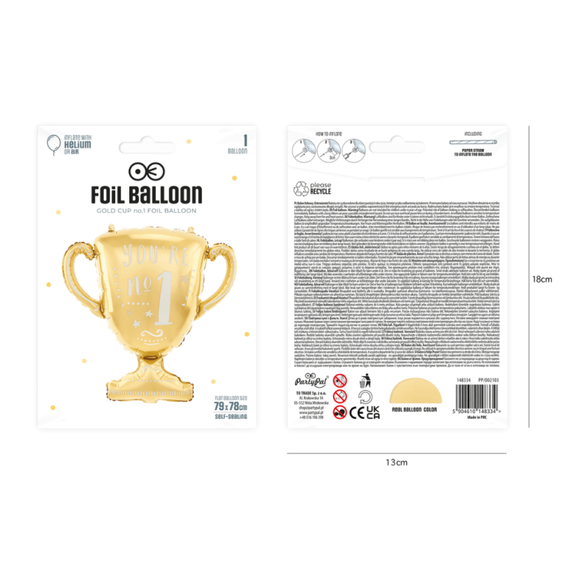 Balon foliowy Puchar Nagroda Trofeum Jesteś nr 1 złoty metaliczny 79cm - 2