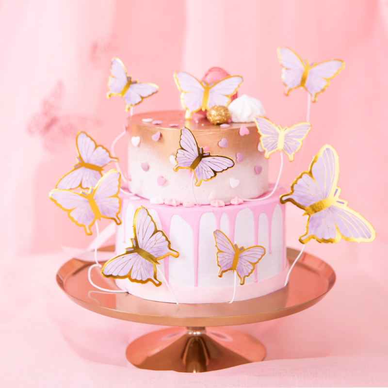 Toppery na tort do deserów Motylki Motyle fioletowo-złote 10szt 9cm - 4