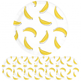 Talerzyki papierowe Banana Party białe w żółte Banany Owoc 23cm 6szt - 1