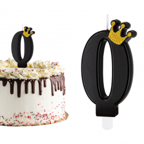 Świeczka urodzinowa na tort Cyferka Cyfra 0 czarna ze złotą koroną 5cm - 1