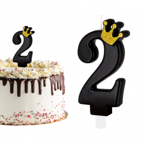 Świeczka urodzinowa na tort Cyferka Cyfra 2 czarna ze złotą koroną 9cm - 1
