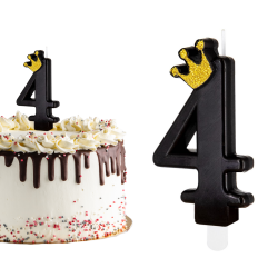 Świeczka urodzinowa na tort Cyferka Cyfra 4 czarna ze złotą koroną 9cm
