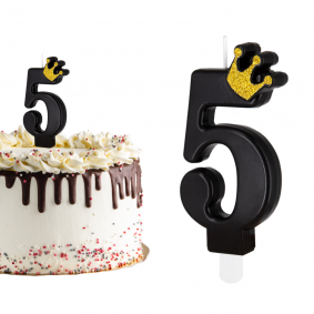 Świeczka urodzinowa na tort Cyferka Cyfra 5 czarna ze złotą koroną 9cm - 1