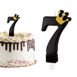 Świeczka urodzinowa na tort Cyferka Cyfra 7 czarna ze złotą koroną 9cm