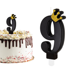 Świeczka urodzinowa na tort Cyferka Cyfra 9 czarna ze złotą koroną 9cm