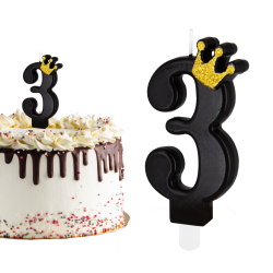 Świeczka urodzinowa na tort Cyferka Cyfra 3 czarna ze złotą koroną 9cm - 1