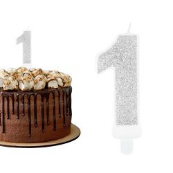 Świeczka urodzinowa na tort Cyferka Cyfra 1 srebrna brokatowa 7cm - 3