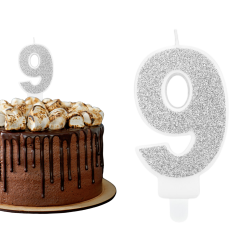 Świeczka urodzinowa na tort Cyferka Cyfra 9 srebrna brokatowa 7cm - 1