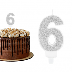 Świeczka urodzinowa na tort Cyferka Cyfra 6 srebrna brokatowa 7cm - 1