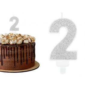 Świeczka urodzinowa na tort Cyferka Cyfra 2 srebrna brokatowa 7cm - 1