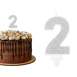 Świeczka urodzinowa na tort Cyferka Cyfra 2 srebrna brokatowa 7cm