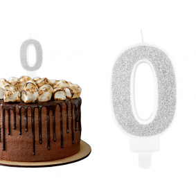 Świeczka urodzinowa na tort Cyferka Cyfra 0 srebrna brokatowa 7cm - 1