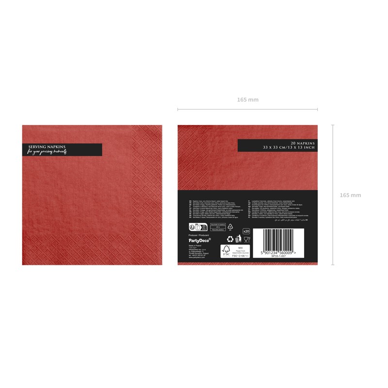 Serwetki papierowe ozdobne Czerwone czyste 33x33cm 20szt - 2