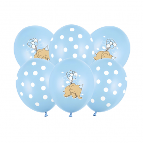 Balony lateksowe niebiesko-białe Słonik w kropki Baby Blue Baby Shower 6szt - 1