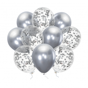 Balony lateksowe metaliczne srebrne przezroczyste z Konfetti 10szt - 1