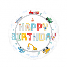 Balon foliowy okrągły biały urodzinowy Happy Birthday Auta Samochody 45cm - 1