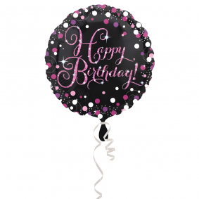 Balon foliowy okrągły urodzinowy Happy Birthday czarny różowe kropki 45cm - 1