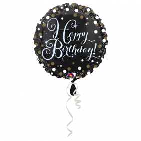 Balon foliowy okrągły urodzinowy Happy Birthday czarny białe kropki 45cm - 1