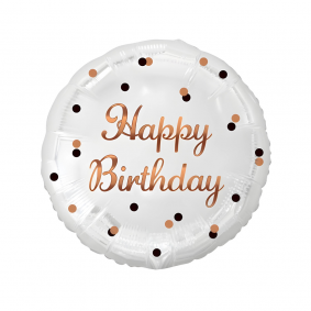 Balon foliowy okrągły urodzinowy biały różowo-złoty Happy Birthday w kropki - 1