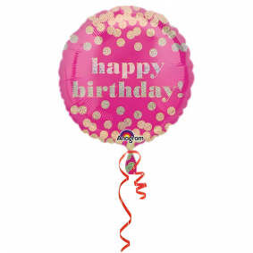 Balon foliowy urodzinowy okrągły Happy Birthday różowy w złote kropki 45cm - 1
