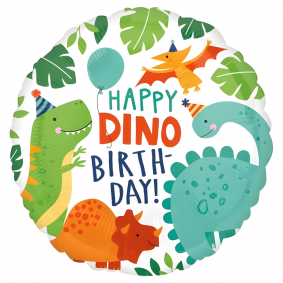Balon foliowy urodzinowy okrągły biały Dinozaury Happy DINO Birthday 40cm - 1