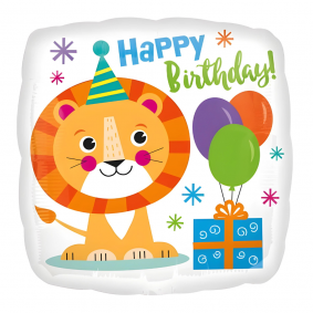 Balon foliowy urodzinowy biały kwadratowy Happy Birthday Lew dla dzieci - 1