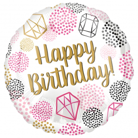 Balon foliowy urodzinowy okrągły biały różowe Klejnoty Happy Birthday - 1