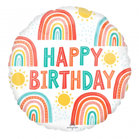 Balon foliowy urodzinowy okrągły Tęcza Słońce Happy Birthday pastelowy 42cm - 1