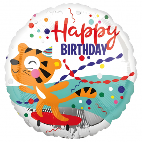 Balon foliowy urodzinowy okrągły Happy Birthday Tygrys dla dzieci 43cm - 1