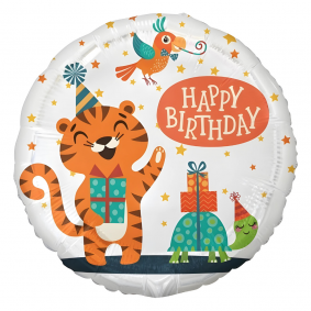 Balon foliowy urodzinowy biały Tygrysek Happy Birthday dla dzieci 45cm - 1
