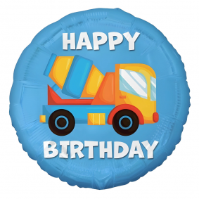 Balon foliowy urodzinowy niebieski okrągły żółta Betoniarka Pojazd 45cm - 1