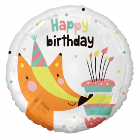 Balon foliowy urodzinowy biały pomarańczowy Lis z tortem Happy Birthday - 1