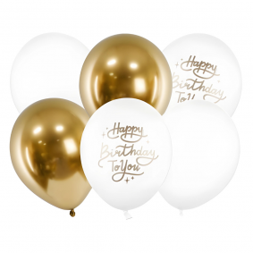 Balony lateksowe urodzinowe białe złote metaliczne Happy Birthday 6szt - 1