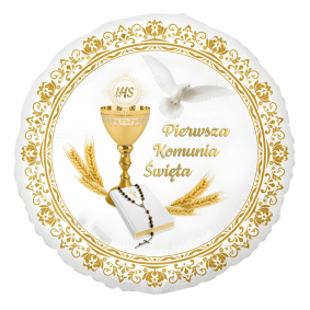 Balon foliowy biały złoty Hostia Pierwsza Komunia Święta na KOMUNIE 45cm - 1