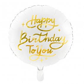 Balon foliowy urodzinowy okrągły biały złoty Happy Birthday To You 35cm - 1