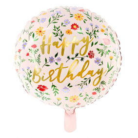 Balon foliowy urodzinowy okrągły różowy Kwiaty Happy Birthday wiosenny 35cm - 1
