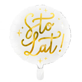 Balon foliowy urodzinowy okrągły biały złoty napis Sto Lat! gwiazdki 35cm - 1