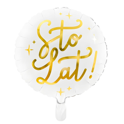 Balon foliowy urodzinowy okrągły biały złoty napis Sto Lat! gwiazdki 35cm - 1