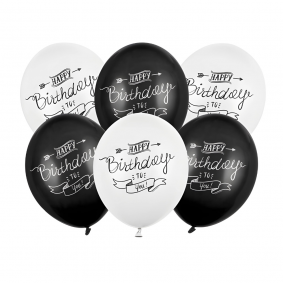 Balony lateksowe urodzinowe czarne białe Happy Birthday To You 6szt - 1