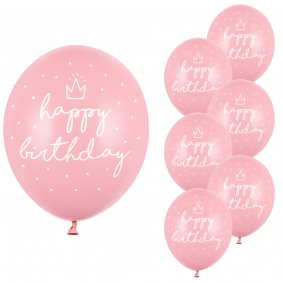 Balony lateksowe urodzinowe pudrowo-różowe Happy Birthday korona 6szt - 1