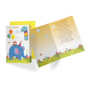 Kartka urodzinowa na Roczek Pierwsze 1 Urodziny słonik niebieski - 1