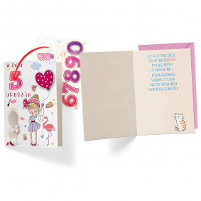 Kartka Urodzinowa dziewczęca biała różowa z kopertą na urodziny + naklejki - 1